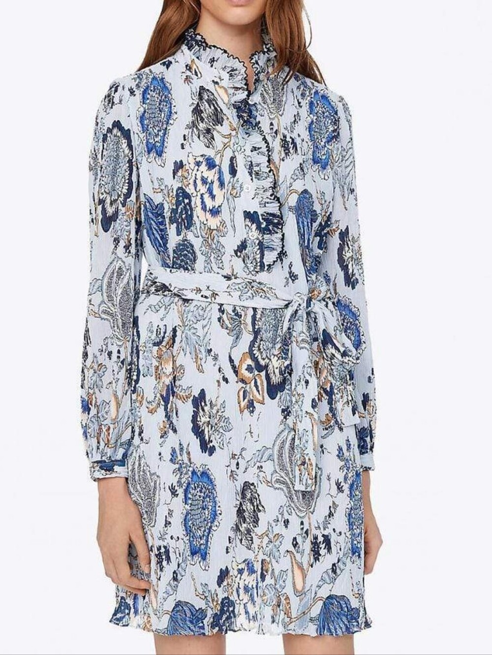 Tory Burch Deneuve Floral Ruffle Trim Mini Dress Crinkle In Light Blue Size 6